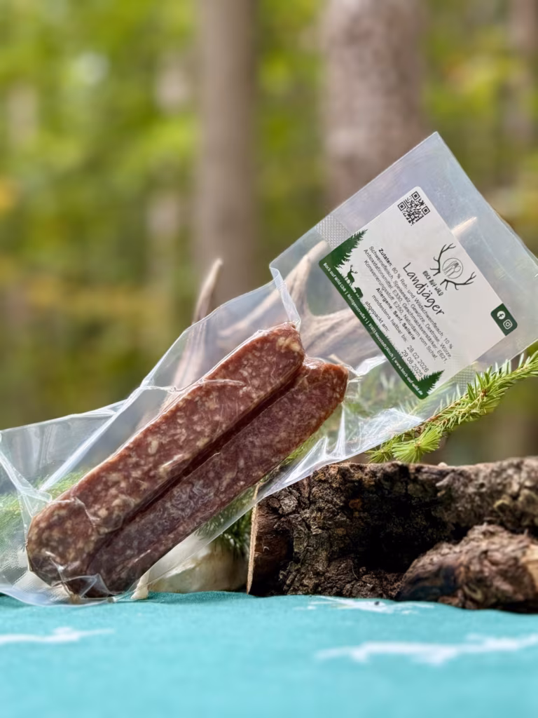 Zwei Landjäger in einer bedruckten Vakuumverpackung auf Moos im Wald